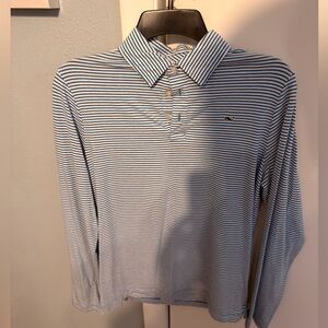 Long Sleeve Striped Polo Shirt - Light Blue/White